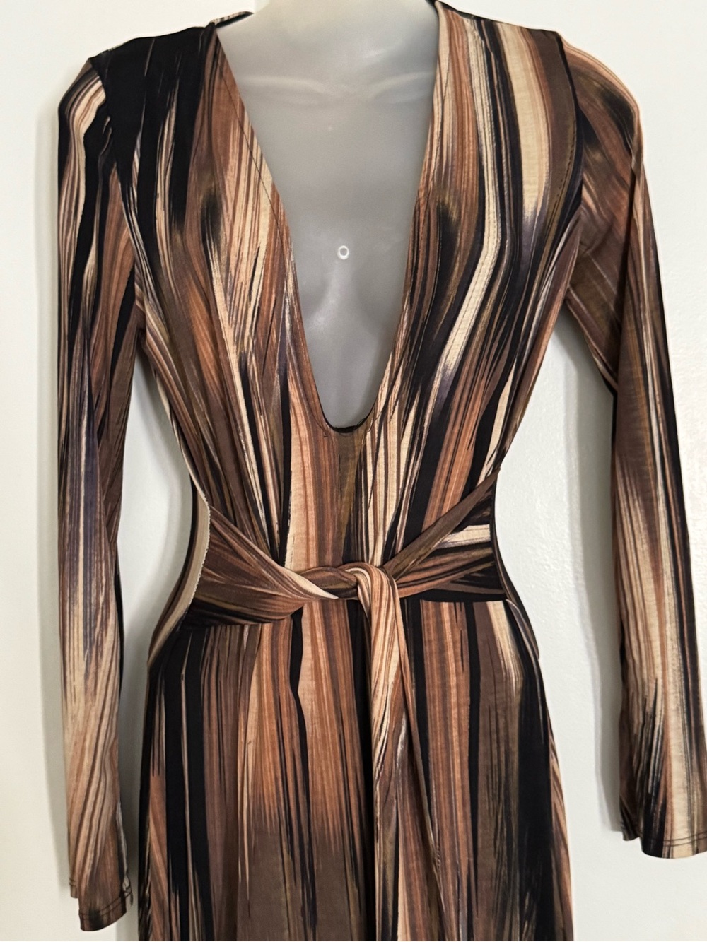 Long Sleeve V-Neck Brown Striped Wrap Dress